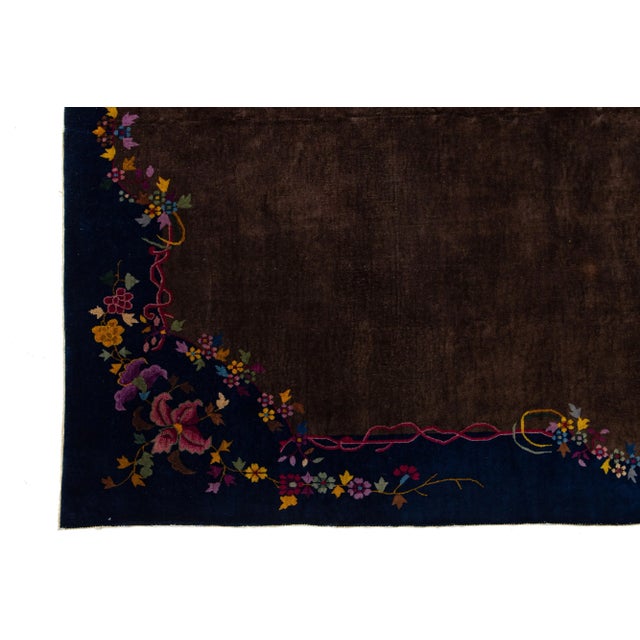 1920s Antique Brown Chinese Art Deco Wool Rug 9 Ft X 11 Ft 8 In For Sale - Image 5 of 10