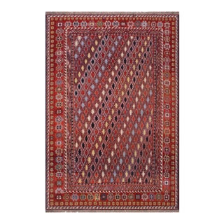 1970s Vintage Rustic Soumak Zachary Rust/Blue Wool Rug - 5'7'' X 7'10'' For Sale