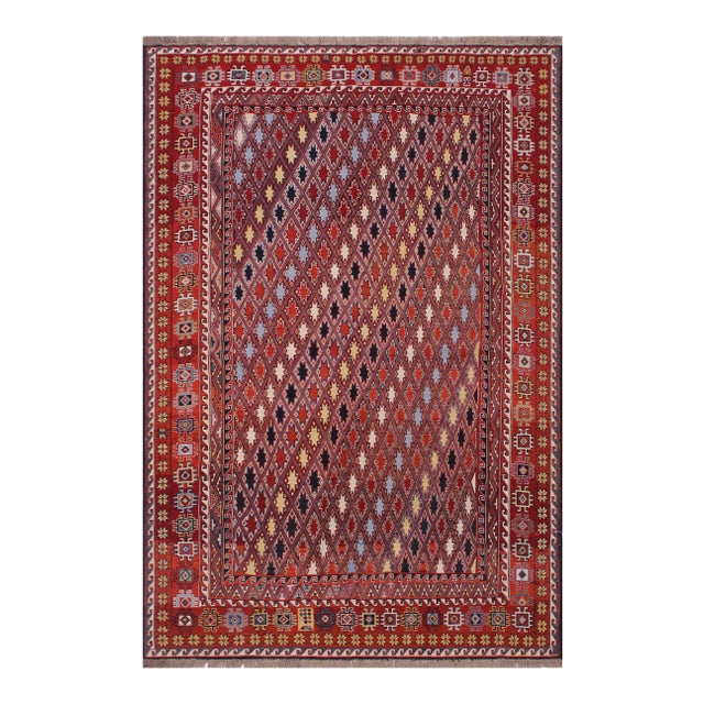 1970s Vintage Rustic Soumak Zachary Rust/Blue Wool Rug - 5'7'' X 7'10'' For Sale