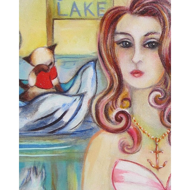 Swan Lake by Zoa Ace | Oil on canvas Woman in a pink dress with swans and animals by a lake. For Sale - Image 4 of 5