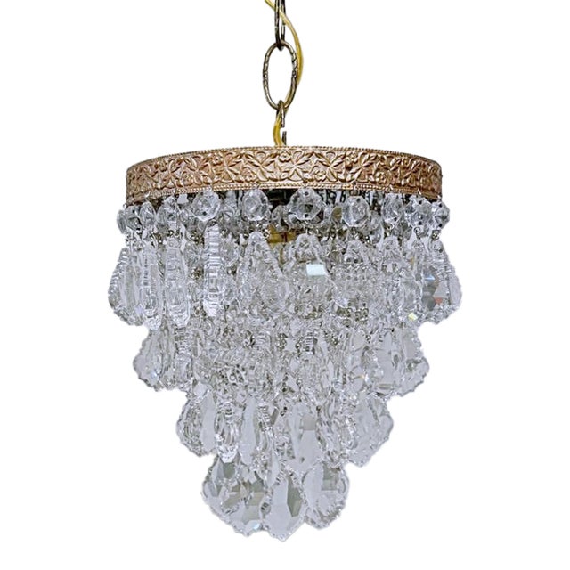 Vintage Filigree Floral Brass Rim With French Pendalogue Crystal Chandelier For Sale