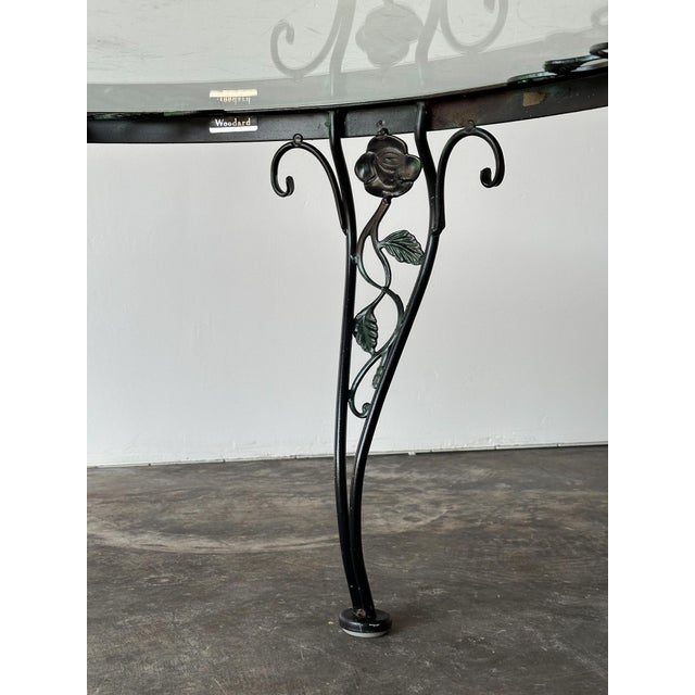 Black Wrought Iron Rose Patio Coffee Table With Round Glass Top by Woodard, Mid-20th Century For Sale - Image 9 of 14