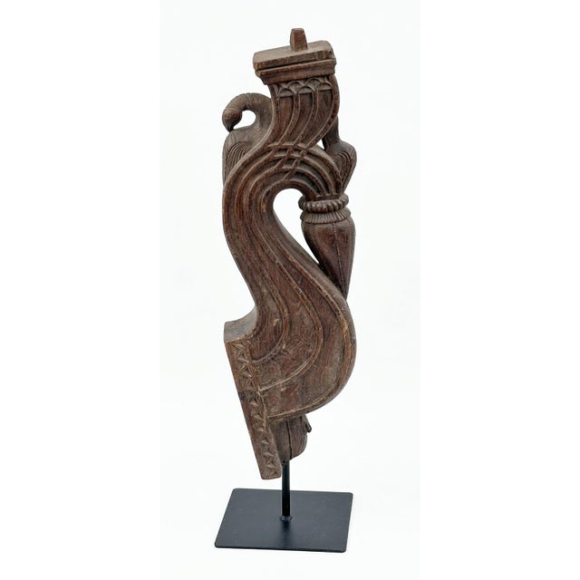 Contemporary Monumental 46" Antique Indian Hand-Carved Lotus & Bird Architectural Corbel on Iron Stand For Sale - Image 3 of 4