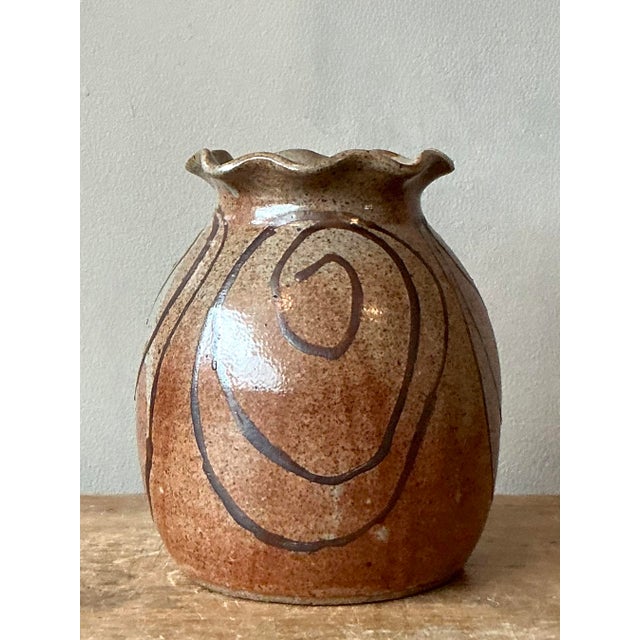 Abstract Vintage Boho Original Studio Pottery Ruffle Vase For Sale - Image 3 of 10