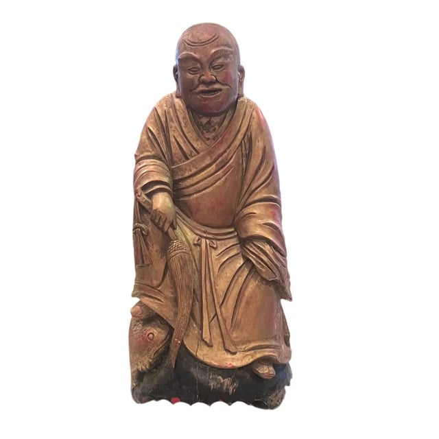 Antique Chinese Wood Hand Carved Monk Figurine For Sale In Chicago - Image 6 of 6