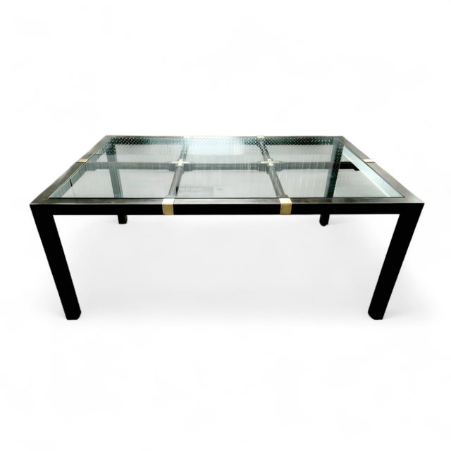 Silver Mid-Century Hollywood Regency Brushed Metal W/Brass Accents and Glass Top on Wood Grid Dining Table For Sale - Image 8 of 12
