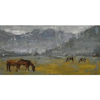 Cold on the Plain by Clyde Steadman | Oil Painting of horses grazing in a gray landscape For Sale