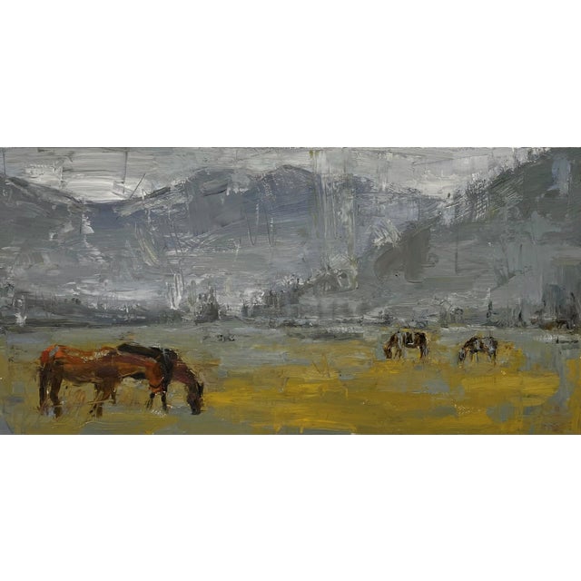 Cold on the Plain by Clyde Steadman | Oil Painting of horses grazing in a gray landscape For Sale