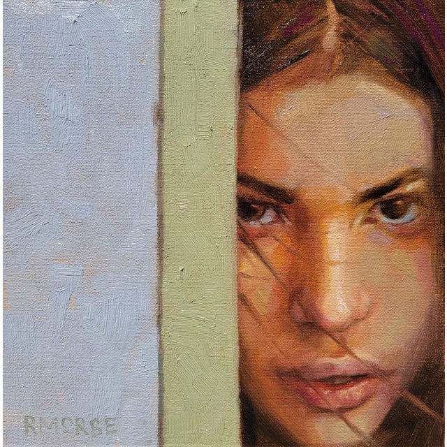 Divided by Ryan Morse | Oil on Artefex panel Portrait of a young woman peering from behind a wall. For Sale