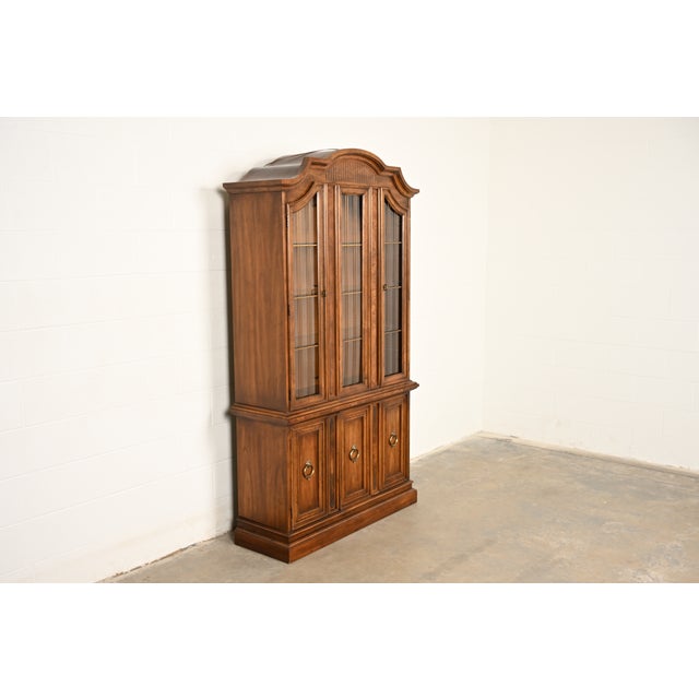 French Drexel French Regency Louis XVI Carved Burled Walnut Lighted Breakfront Bookcase Cabinet, Circa 1960s For Sale - Image 3 of 18