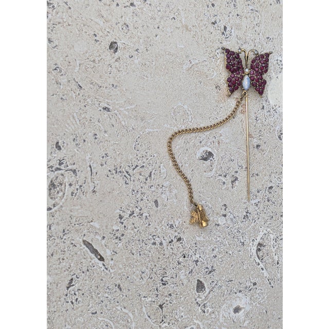 Art Deco Pauline Rader Butterfly Stick Pin Brooch Garnets, Pearl, Moonstone and More For Sale - Image 3 of 4