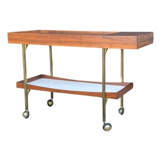 Paul McCobb Style Mid-Century Walnut Bar Cart With Brass Accents For Sale