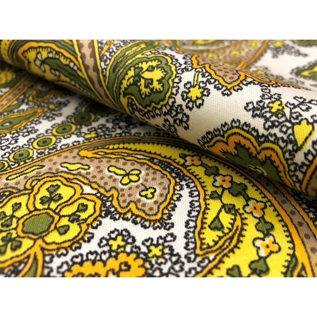 Modern British Cotton Tunis Paisley Green Brown White Mustard Yellow Drapery Fabric Made in the Uk For Sale - Image 3 of 4