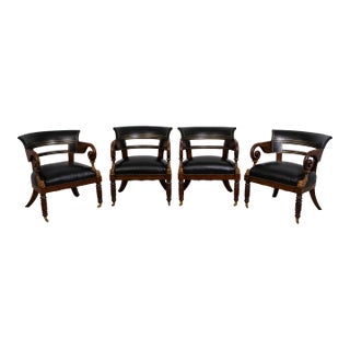 1980s Maitland Smith Set of 4 Empire Style Barrel Back Leather Club Chairs For Sale