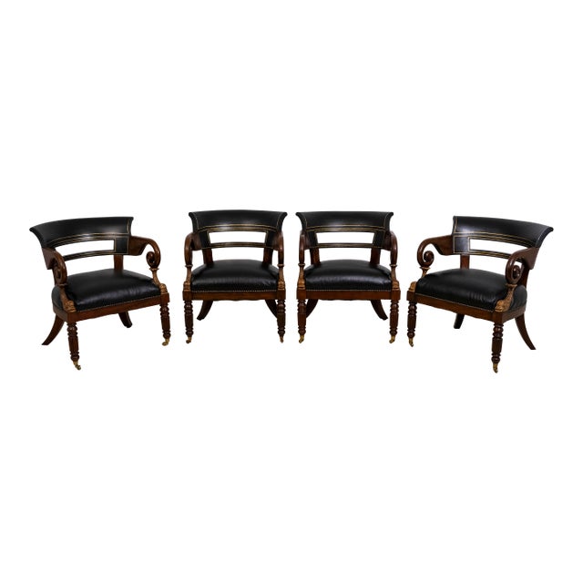 Maitland Smith Set of 4 Empire Style Barrel Back Leather Club Chairs For Sale