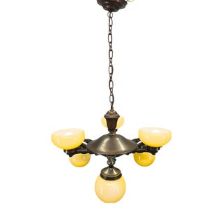 Art Deco Czech Brass Chandelier with Cream Glass, 1920s For Sale