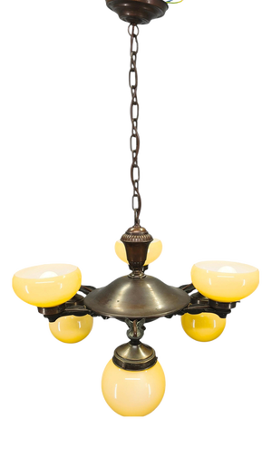 Art Deco Czech Brass Chandelier with Cream Glass, 1920s