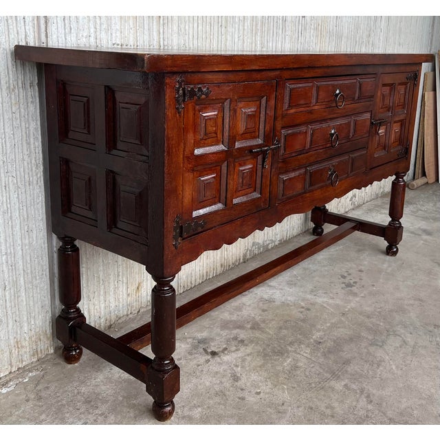 Spanish Buffet With Two Doors and Three Drawers With Original Hardware For Sale - Image 6 of 11