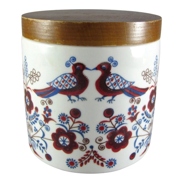 1966 Hand Painted German Folk Art Lidded Vanity Jar For Sale