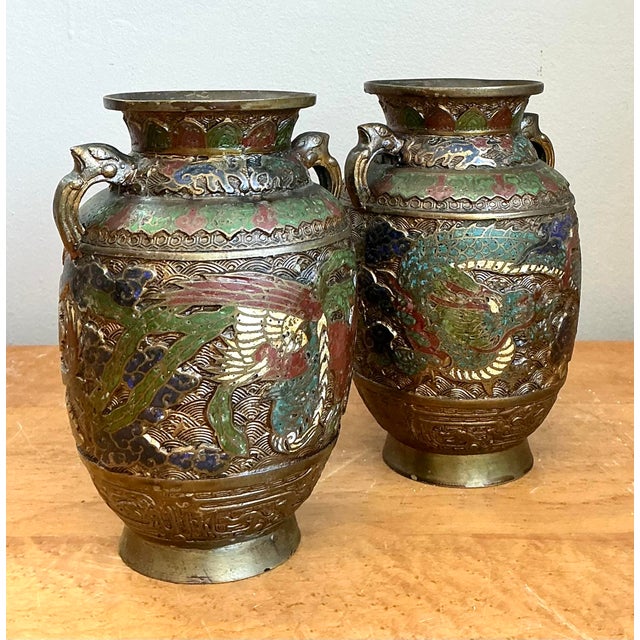 Metal Vintage Asian Cloisonné Urns - A Pair For Sale - Image 7 of 12