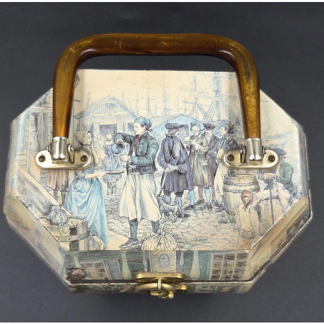 Vintage Decoupaged Octagonal Vanity Box/Purse With Colonial Tavern Scene For Sale - Image 11 of 16