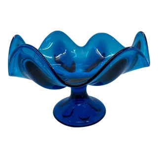 Mid Century Blue Art Glass Pedestal Bowl For Sale