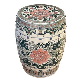 Antique Chinoiserie Ceramic Garden Stool With Pink Lotus Motif and Handles For Sale