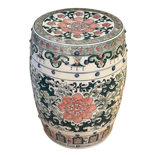 Antique Chinoiserie Ceramic Garden Stool With Pink Lotus Motif and Handles For Sale