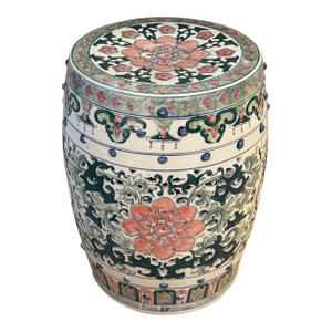 Antique Chinoiserie Ceramic Garden Stool With Pink Lotus Motif and Handles