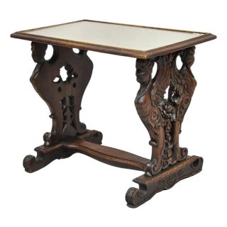 Antique Renaissance Revival Carved Winged Maiden Walnut Mirror Top Side Table For Sale