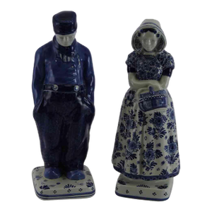 1960’s Vintage Delft Pair of Peasant Figurines, With Blue Floral Decoration