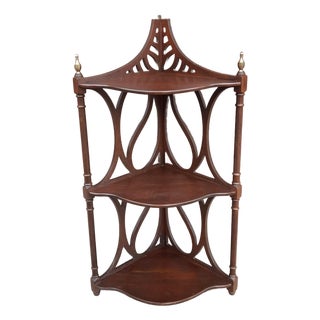 Mid 20th Century Mahogany Corner Shelf Intricate Fretwork and Brass Finials For Sale