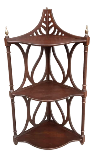 Mid 20th Century Mahogany Corner Shelf Intricate Fretwork and Brass Finials