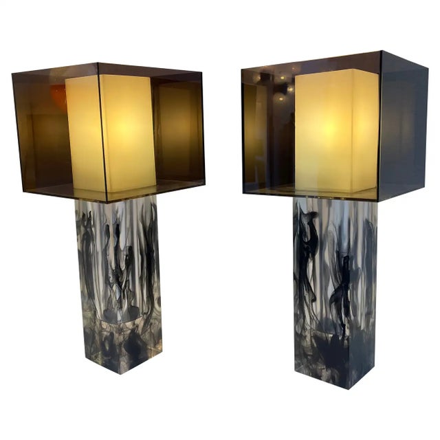 PAIR OF TABLE LAMPS, STUDIO LANTERN second half of the 20th century. Smoked glass base, square lamp shade