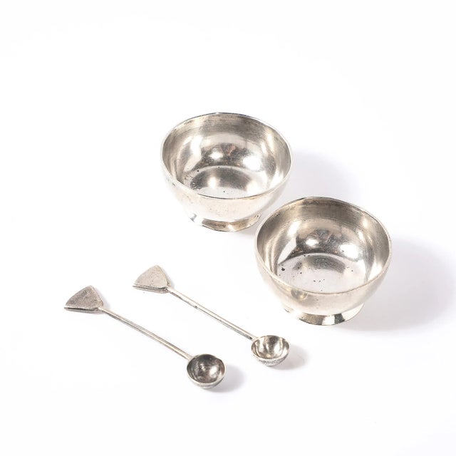 Silver Pair of Sterling Silver Salt Cellars With Spoons Signed Marcia For Sale - Image 8 of 11