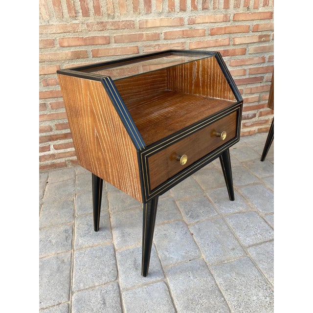 Wood Mid Century Italian Nightstands with Glass, 1960s, Set of 2 For Sale - Image 7 of 18