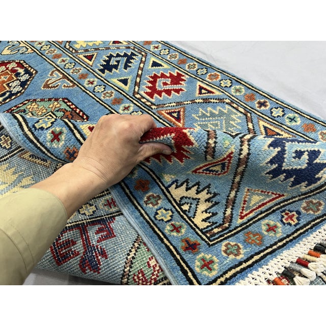 Blue and Burgundy Bokhara Wool Runner Rug With Tribal Gul Motifs, 2'11" X 9'7" For Sale - Image 13 of 17