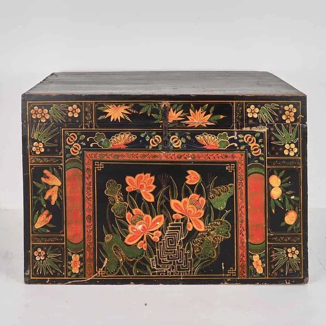 Black Antique Wooden Box with Illustrations of Lotus Flowers, 1900s For Sale - Image 8 of 8