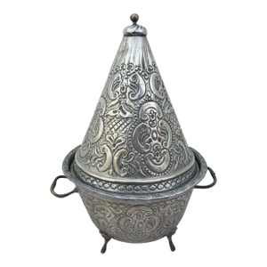 Medium Vintage 1950s Moroccan Silver Repousse Plated Serving Deep-Dish with Pyramid Cover