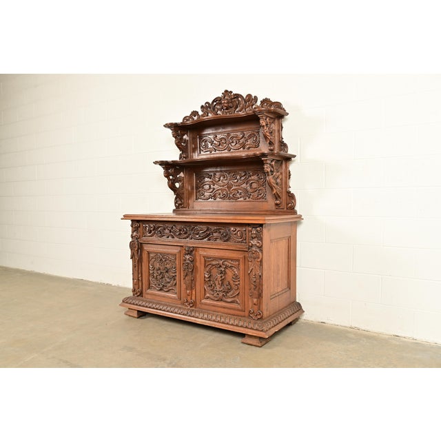 Victorian Alexander Roux Style French Renaissance Revival Carved Oak Sideboard or Bar Cabinet, Circa 1890s For Sale - Image 3 of 17