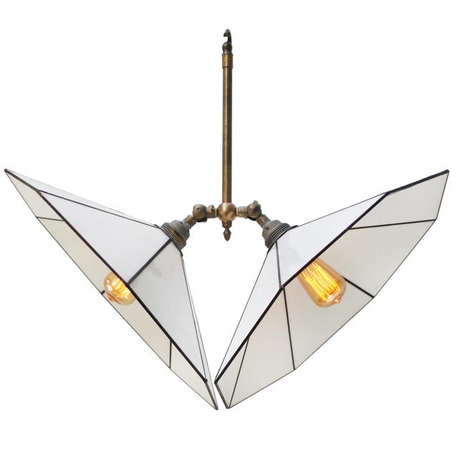Art Deco Brass and White Stained Opaline Glass Pendant Lamp For Sale - Image 10 of 10