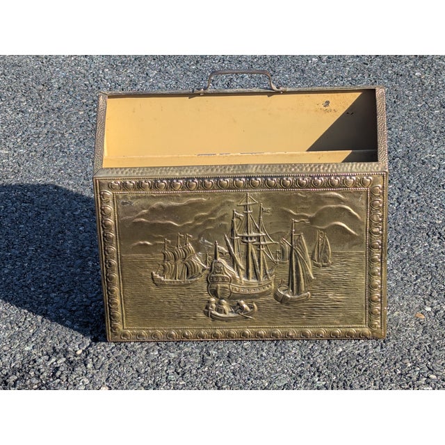 Metal Vintage Sailboat Scene Embossed Brass Magazine Holder/Rack For Sale - Image 7 of 10