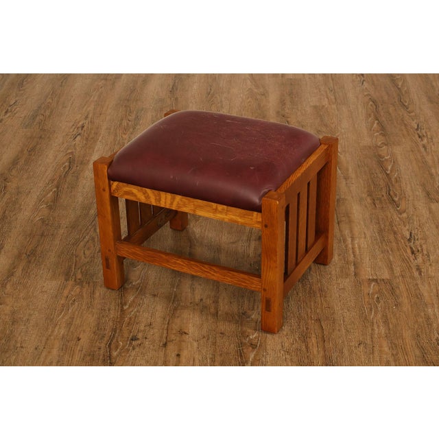 High Quality American Made Solid Oak Footstool or Ottoman with Leather Upholstered Cushion