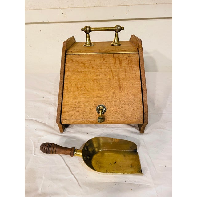 Antique Bleached Walnut Coal Hood With Brass Handles and Brass Scoop For Sale - Image 9 of 9