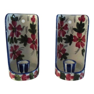 Mid-Century Hand-Painted Floral Pottery Candle Sconces, a Pair For Sale