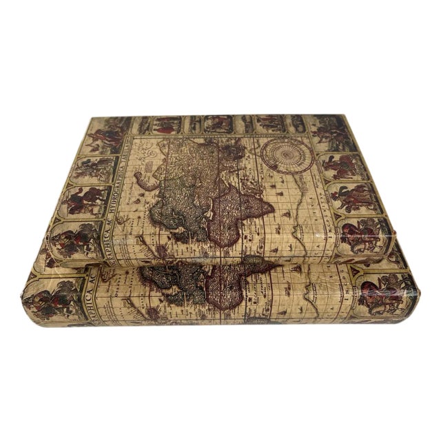 2020s Vintage Decorative Faux Leather Book Boxes, Juvale's Antique Stackable Book Storage in Map Design - 2 Pieces For Sale