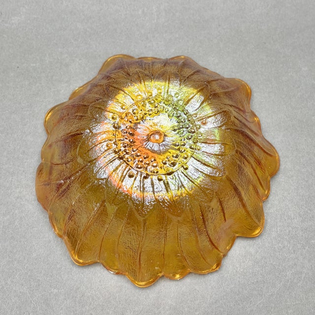 Amber Vintage Indiana Glass Marigold Carnival Glass “Sunflower” Ruffled Bowl For Sale - Image 8 of 9