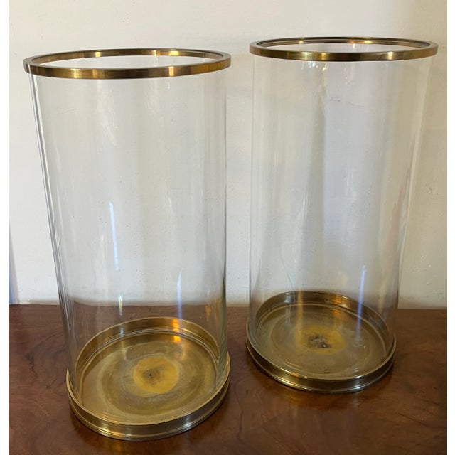Large Ralph Lauren Brass and Glass Hurricane Pillar Candle Shades - a Pair For Sale In New York - Image 6 of 12
