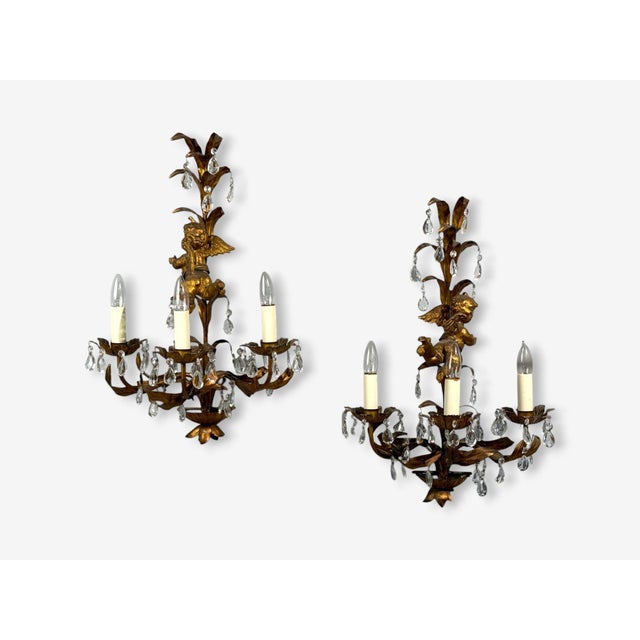 Neoclassical 1950sFrench Marie Therese Style, Cherub Wall Sconces, Gilt-Brass, Crystal - a Pair For Sale - Image 3 of 12