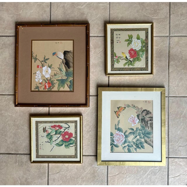 1950s Collection Four Asian Japanese Silk Watercolor Framed Paintings For Sale - Image 5 of 18